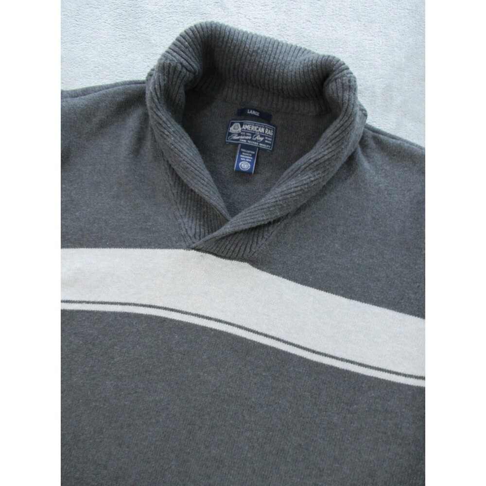 American Rag Sweater Men's Large Pullover Shawl Collar Long Sleeve Stripe Gray